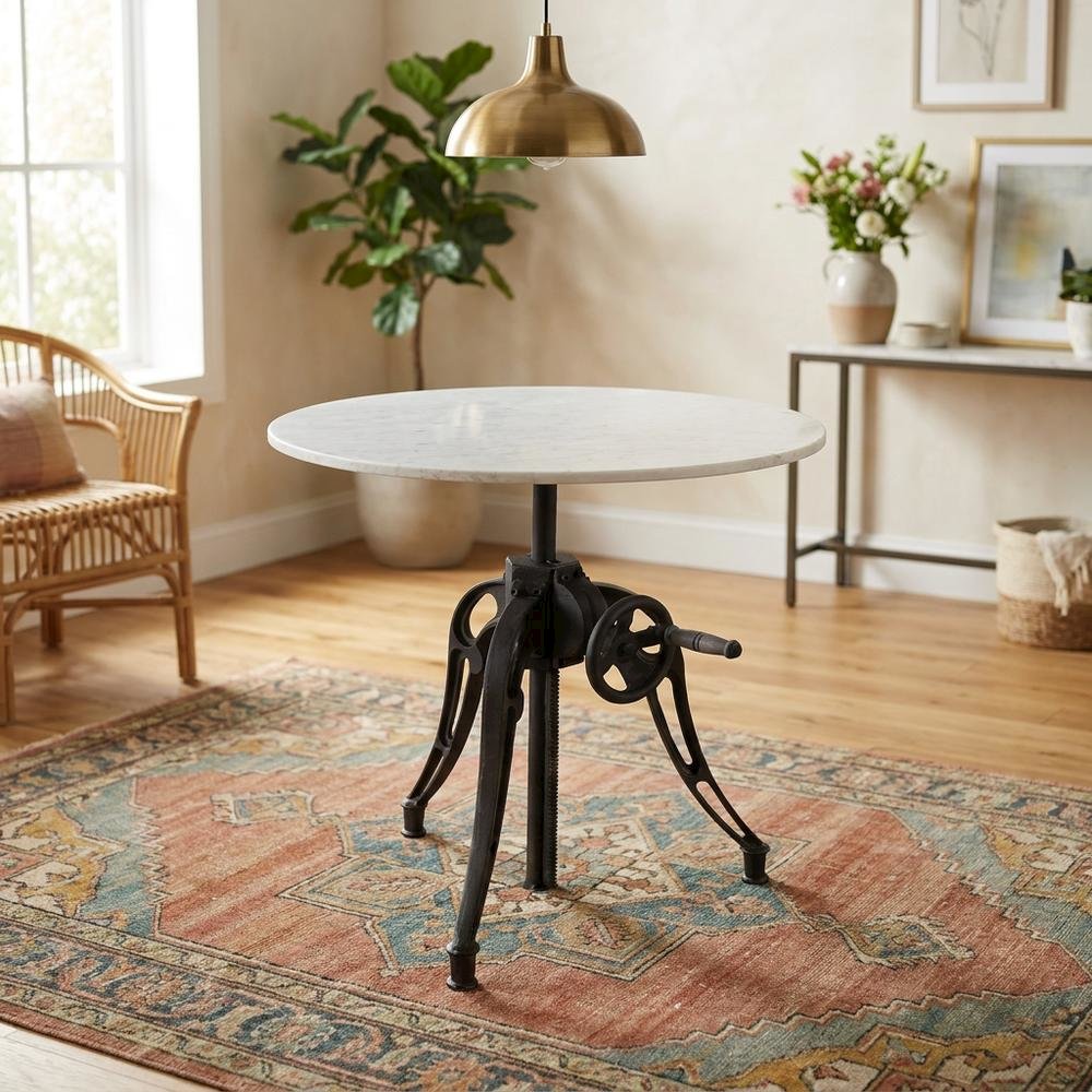 White Marble Top Dining Table with Black Metal Base, Luxe Style
