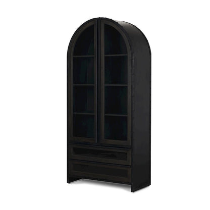 72.3" H Dark Brown Metal Brown Wood And Glass Door Display Cabinet