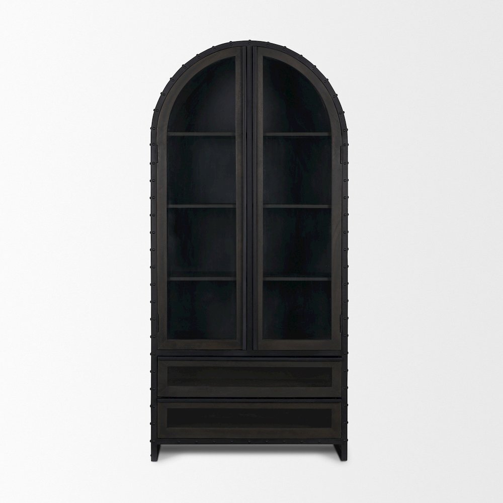 72.3" H Dark Brown Metal Brown Wood And Glass Door Display Cabinet