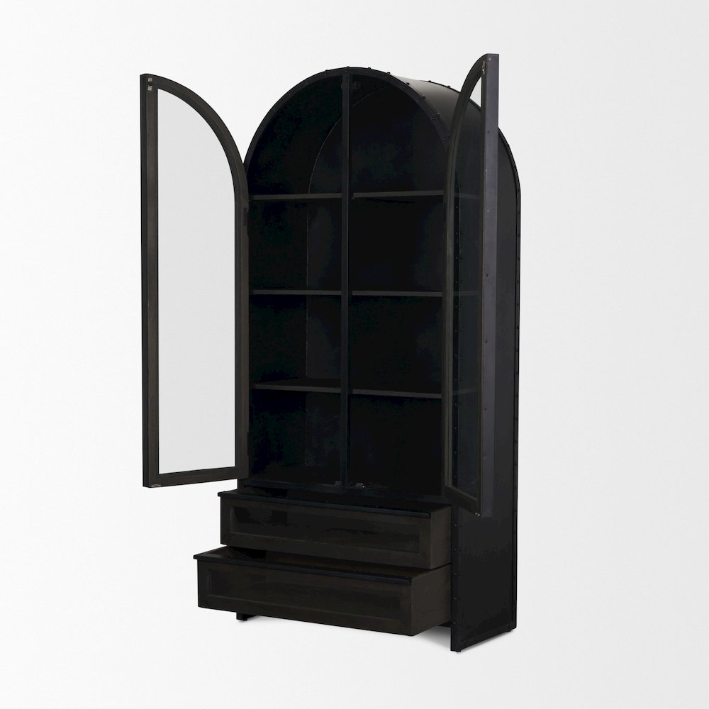 72.3" H Dark Brown Metal Brown Wood And Glass Door Display Cabinet