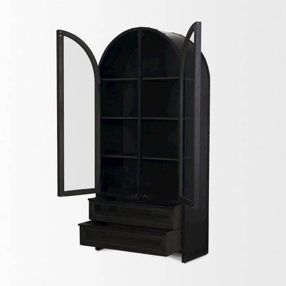 72.3" H Dark Brown Metal Brown Wood And Glass Door Display Cabinet