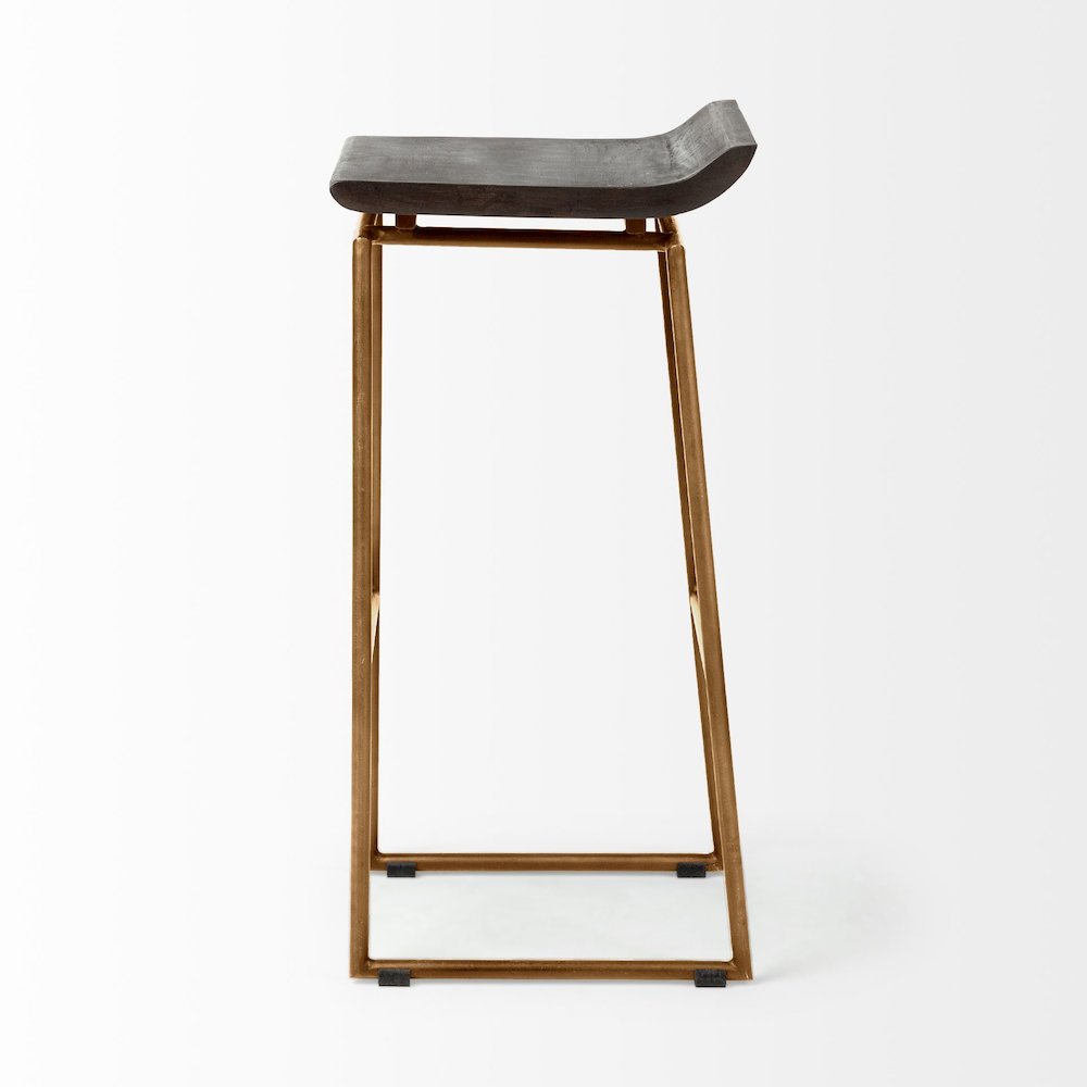 30.25" Seat Height Brown Wood Seat Gold Metal Base Stool