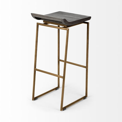 30.25" Seat Height Brown Wood Seat Gold Metal Base Stool