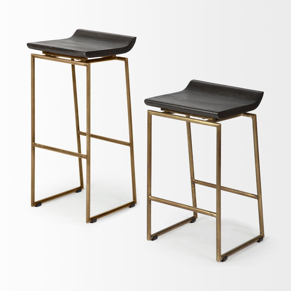 30.25" Seat Height Brown Wood Seat Gold Metal Base Stool