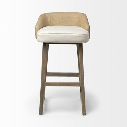 30.5" Seat Height Cream/Beige Fabric Seat Brown Wood Frame Bar Stool