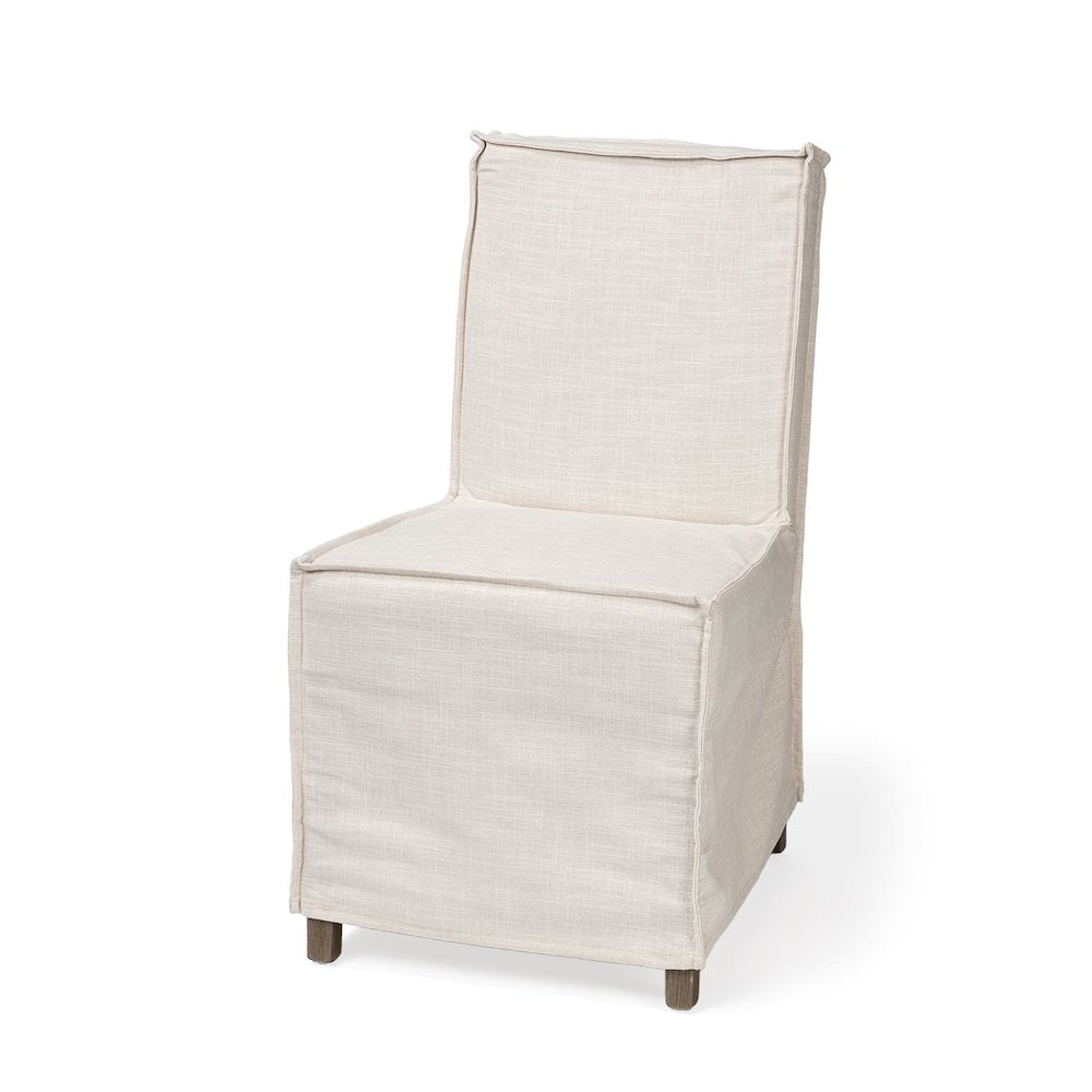 Cream Fabric Slip-Cover Brown Wooden Base Dining Chair