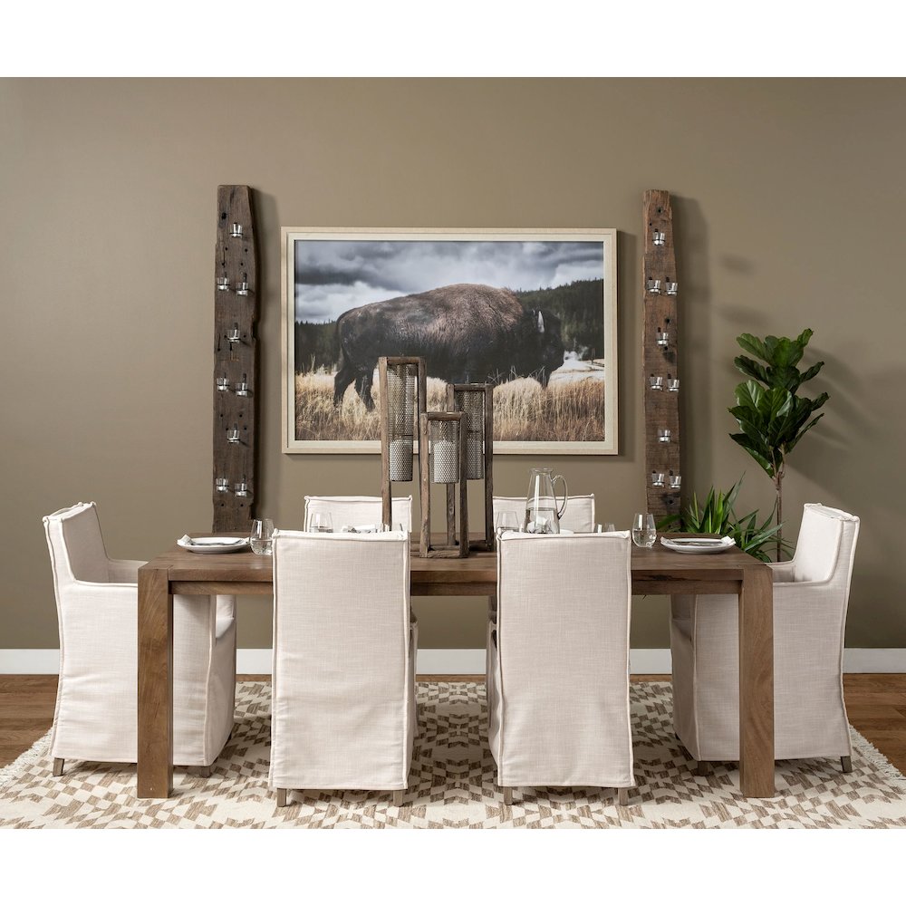 Cream Fabric Slip-Cover Brown Wooden Base Dining Chair
