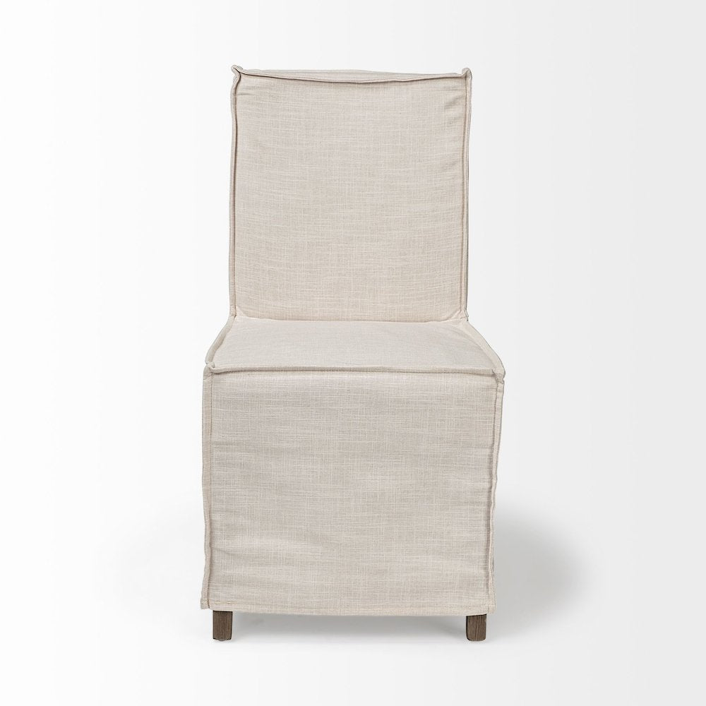Cream Fabric Slip-Cover Brown Wooden Base Dining Chair