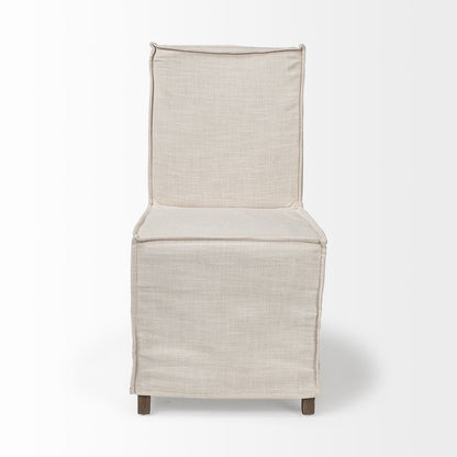 Cream Fabric Slip-Cover Brown Wooden Base Dining Chair
