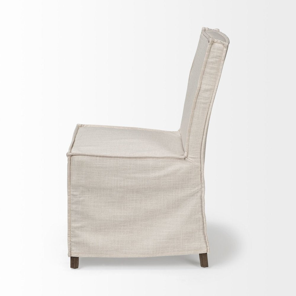 Cream Fabric Slip-Cover Brown Wooden Base Dining Chair