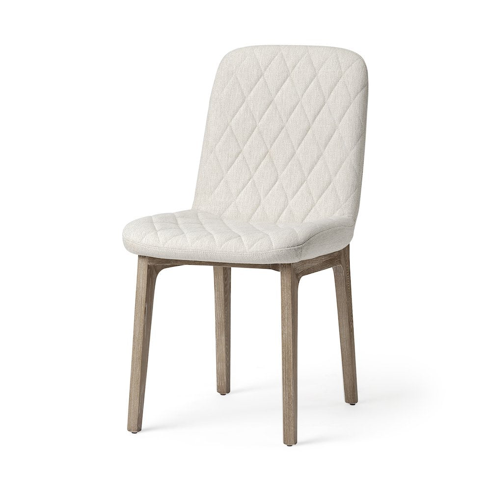 Diamond Tuffed Cream Fabric Wrap Brown Wood Base Dining Chair