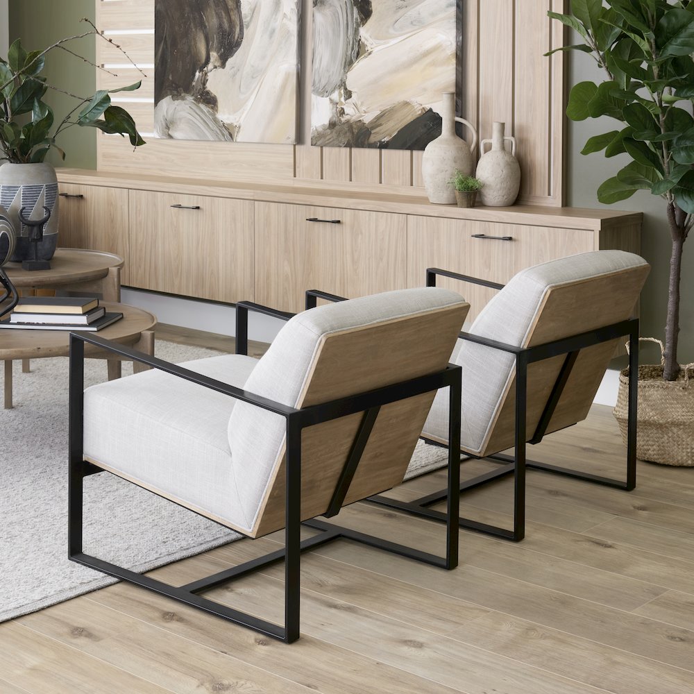 Light Beige Upholstered Seat Wood Back, Metal Frame Accent Chair