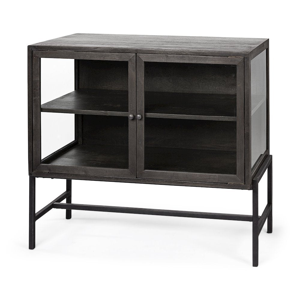 36L X 18W Black-Brown Wood, Black Metal Base 2 Glass Doors Accent Cabinet