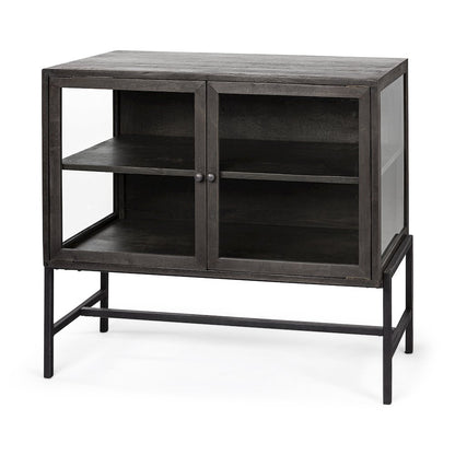36L X 18W Black-Brown Wood, Black Metal Base 2 Glass Doors Accent Cabinet