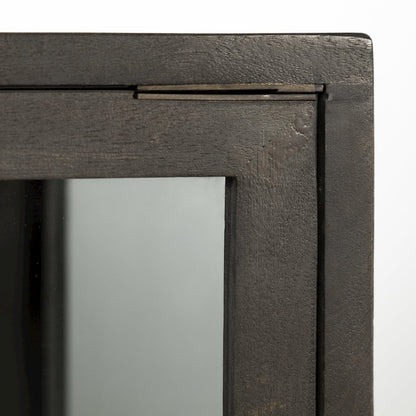36L X 18W Black-Brown Wood, Black Metal Base 2 Glass Doors Accent Cabinet