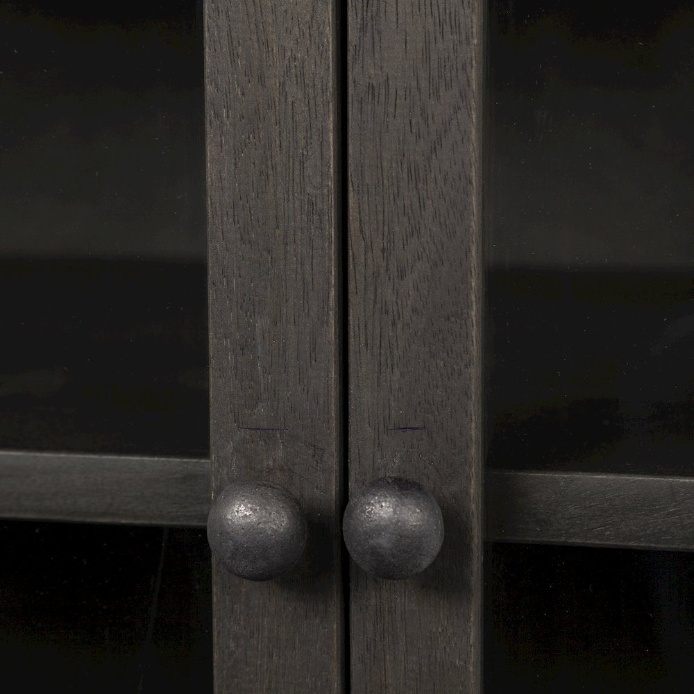36L X 18W Black-Brown Wood, Black Metal Base 2 Glass Doors Accent Cabinet