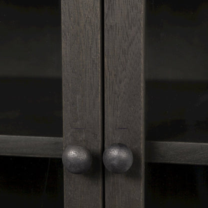36L X 18W Black-Brown Wood, Black Metal Base 2 Glass Doors Accent Cabinet