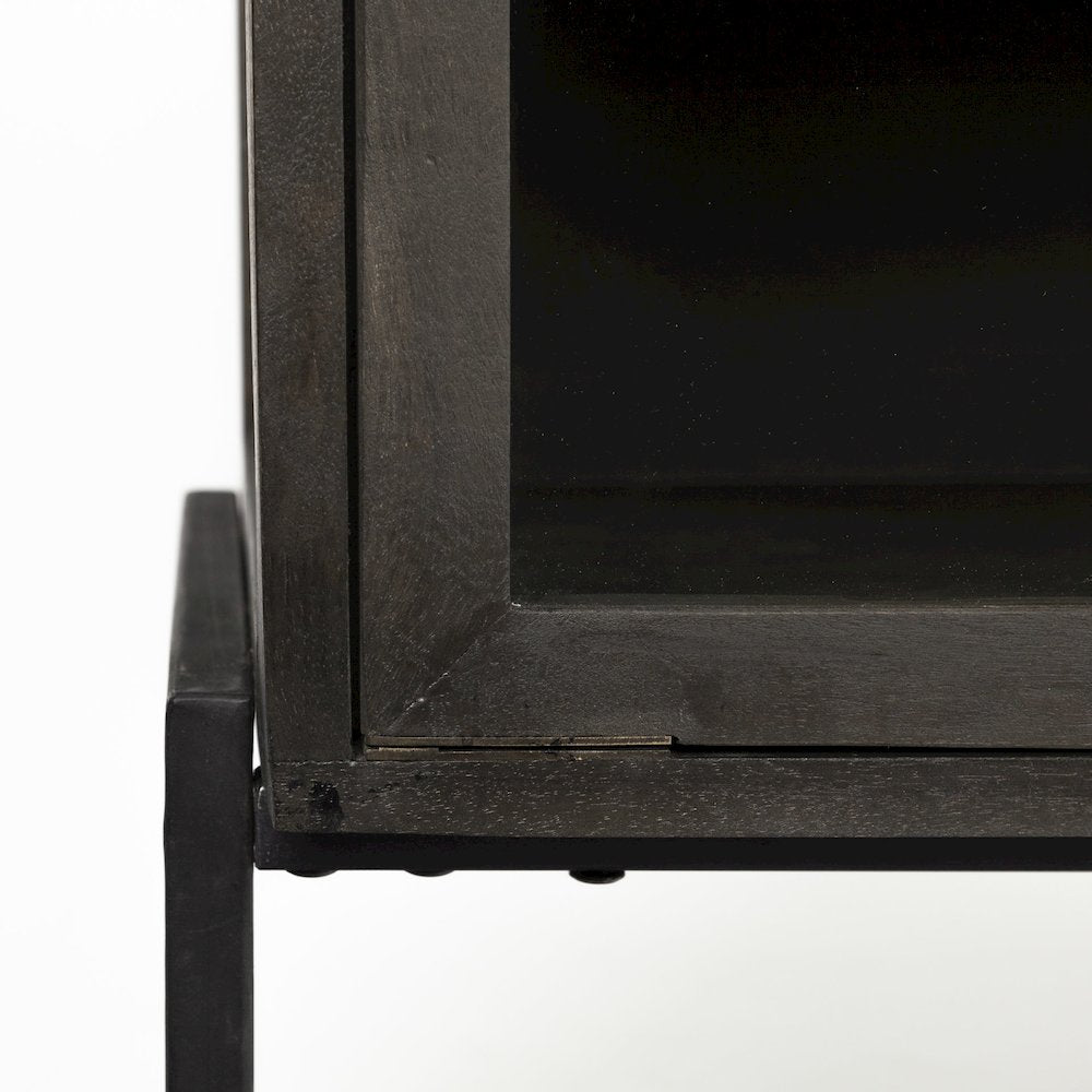 36L X 18W Black-Brown Wood, Black Metal Base 2 Glass Doors Accent Cabinet