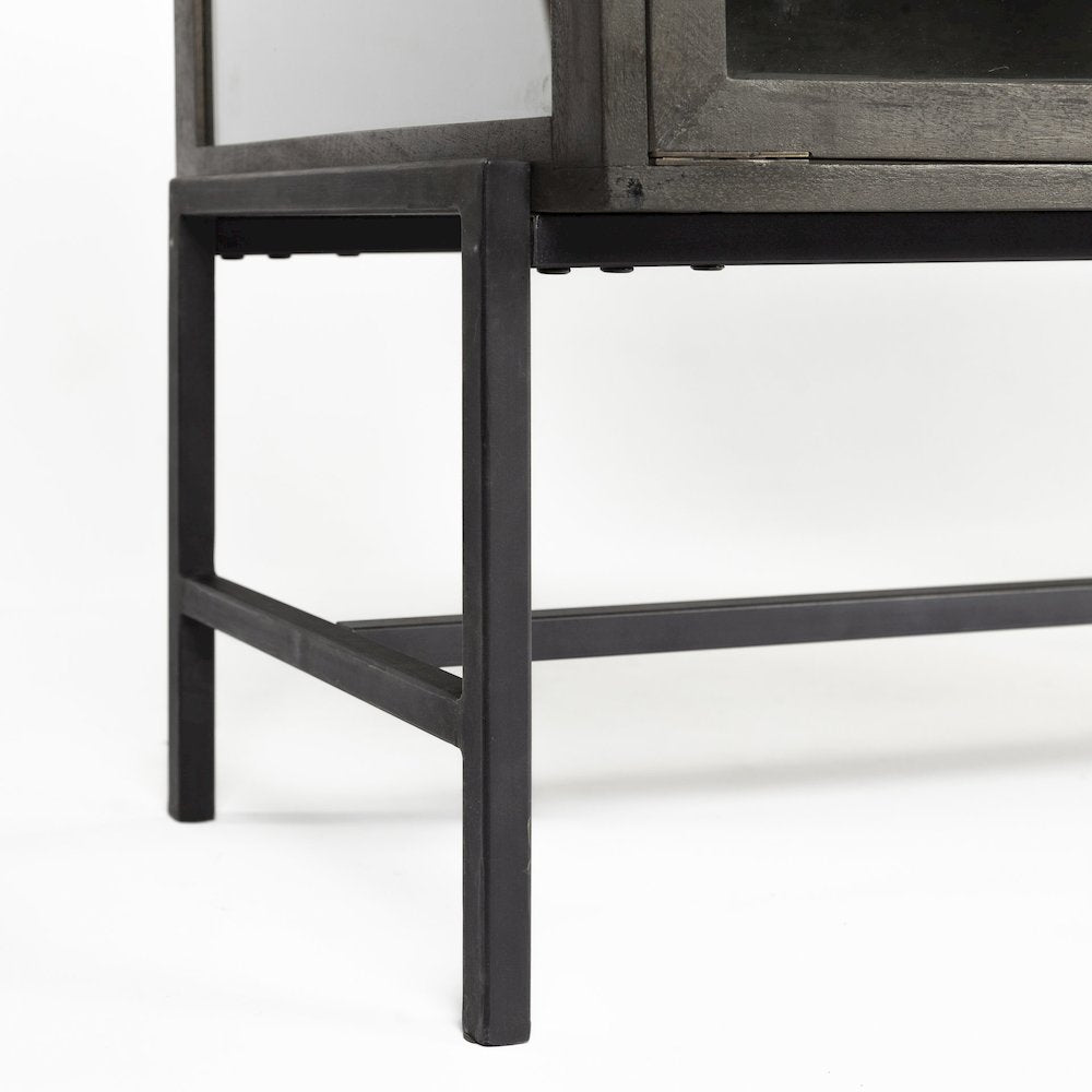 36L X 18W Black-Brown Wood, Black Metal Base 2 Glass Doors Accent Cabinet