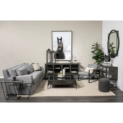 36L X 18W Black-Brown Wood, Black Metal Base 2 Glass Doors Accent Cabinet