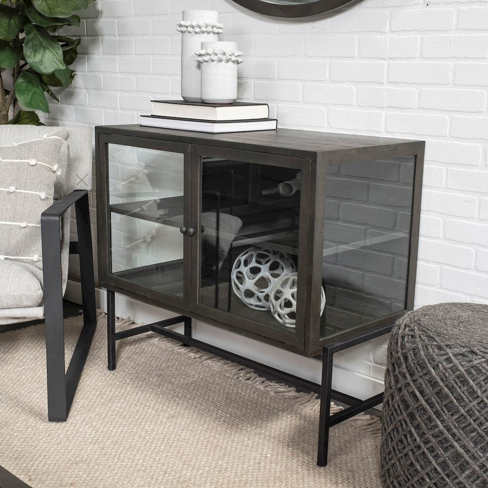36L X 18W Black-Brown Wood, Black Metal Base 2 Glass Doors Accent Cabinet