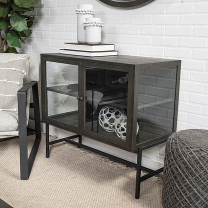 36L X 18W Black-Brown Wood, Black Metal Base 2 Glass Doors Accent Cabinet