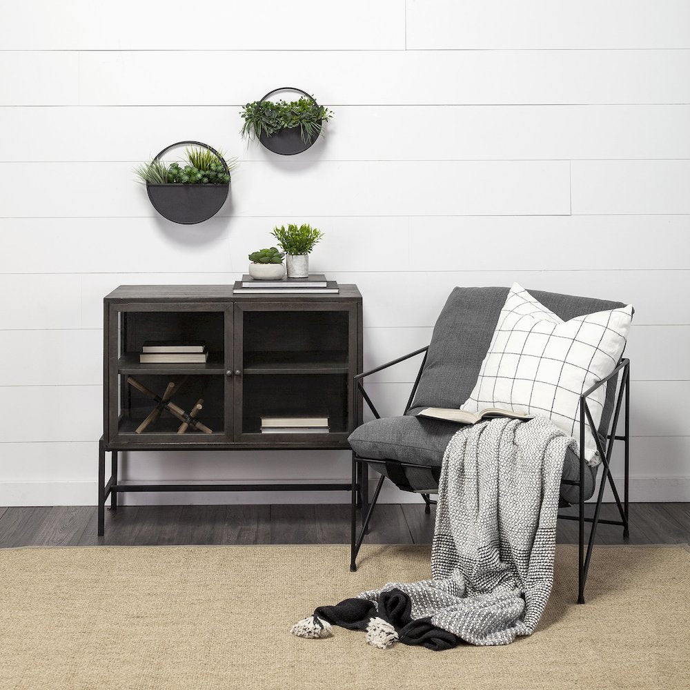 36L X 18W Black-Brown Wood, Black Metal Base 2 Glass Doors Accent Cabinet