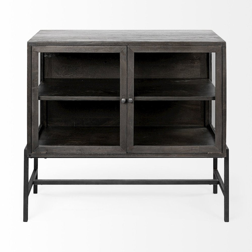 36L X 18W Black-Brown Wood, Black Metal Base 2 Glass Doors Accent Cabinet