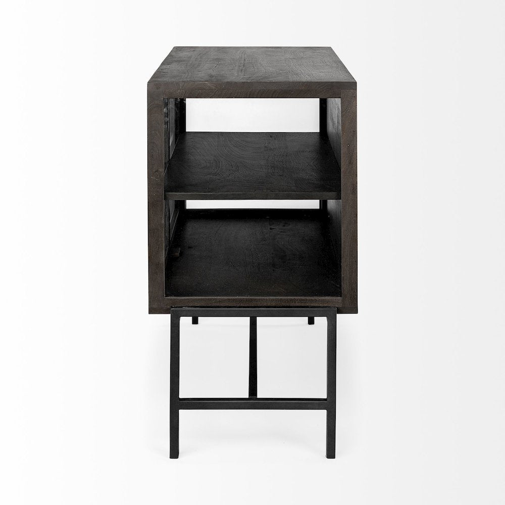 36L X 18W Black-Brown Wood, Black Metal Base 2 Glass Doors Accent Cabinet