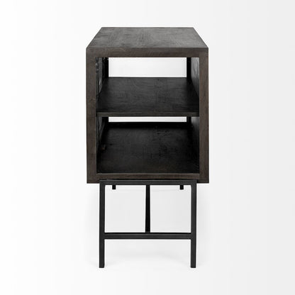 36L X 18W Black-Brown Wood, Black Metal Base 2 Glass Doors Accent Cabinet