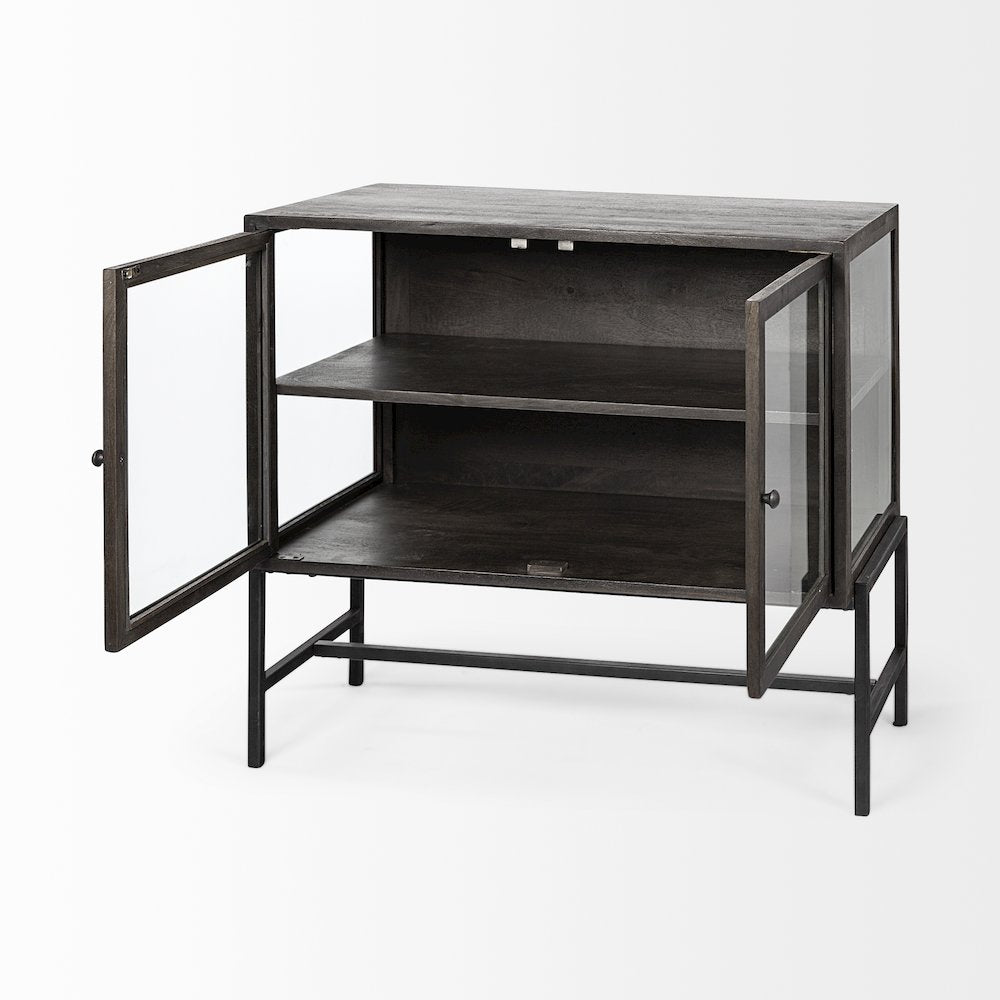 36L X 18W Black-Brown Wood, Black Metal Base 2 Glass Doors Accent Cabinet