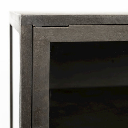 36L X 18W Black-Brown Wood, Black Metal Base 2 Glass Doors Accent Cabinet
