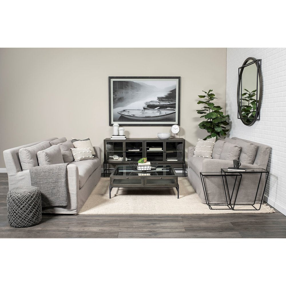 Arelius 70x18 Black-Brown Wood, Black Metal Base 4 Glass Cabinet Doors Sideboard