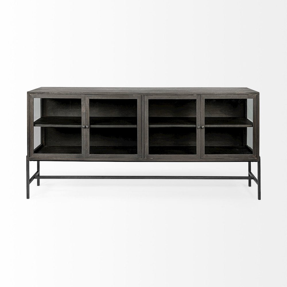 Arelius 70x18 Black-Brown Wood, Black Metal Base 4 Glass Cabinet Doors Sideboard