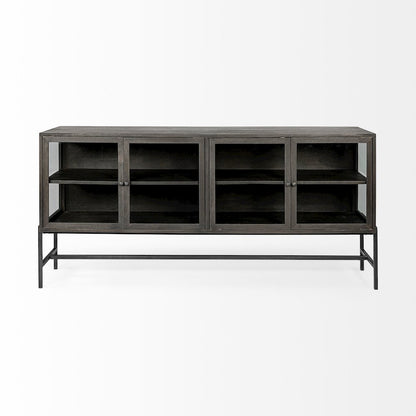 Arelius 70x18 Black-Brown Wood, Black Metal Base 4 Glass Cabinet Doors Sideboard