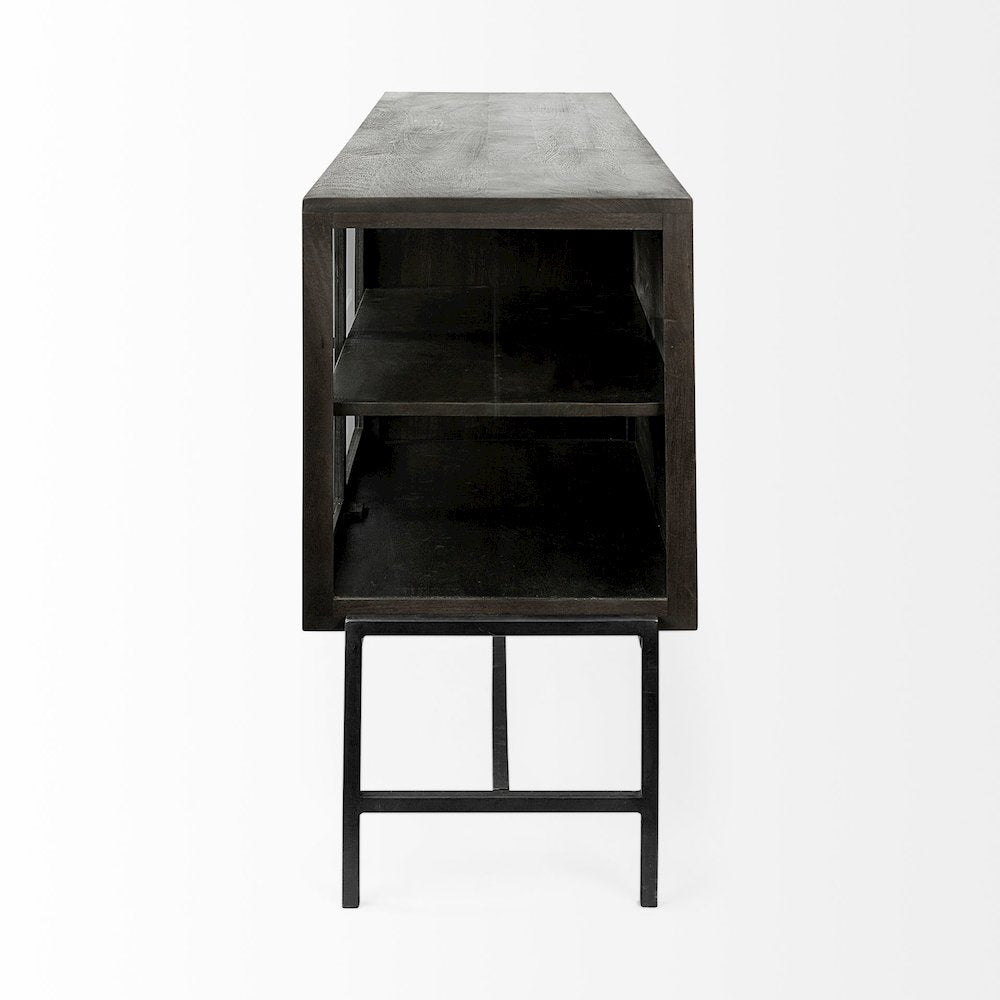 Arelius 70x18 Black-Brown Wood, Black Metal Base 4 Glass Cabinet Doors Sideboard