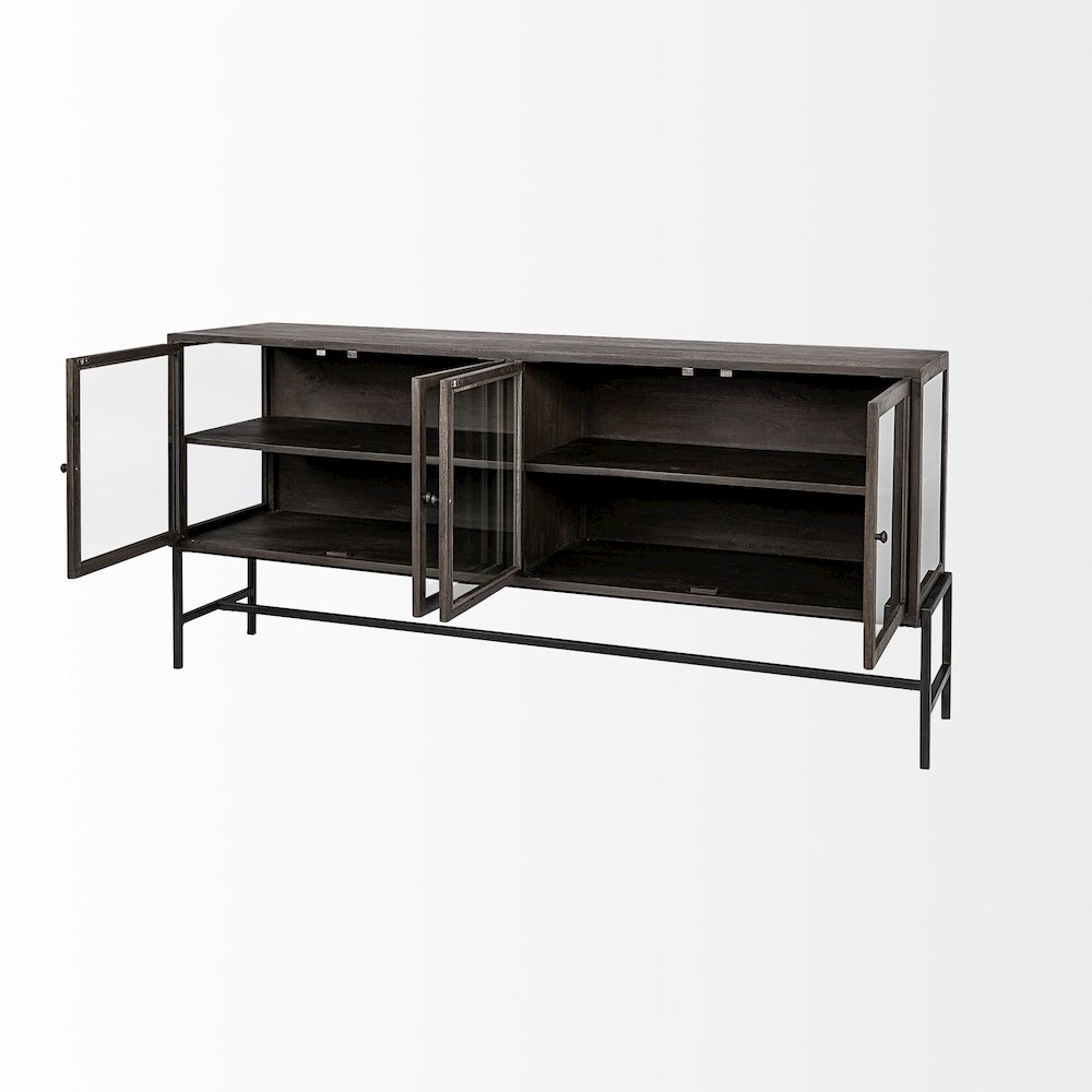 Arelius 70x18 Black-Brown Wood, Black Metal Base 4 Glass Cabinet Doors Sideboard