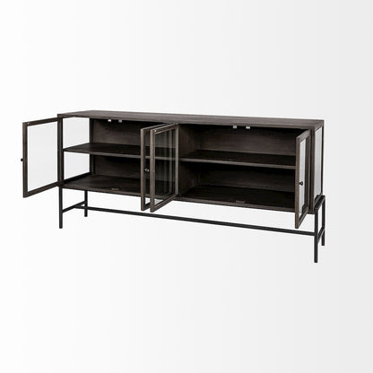 Arelius 70x18 Black-Brown Wood, Black Metal Base 4 Glass Cabinet Doors Sideboard