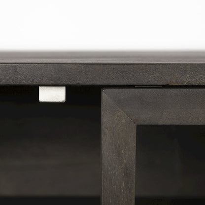 Arelius 70x18 Black-Brown Wood, Black Metal Base 4 Glass Cabinet Doors Sideboard