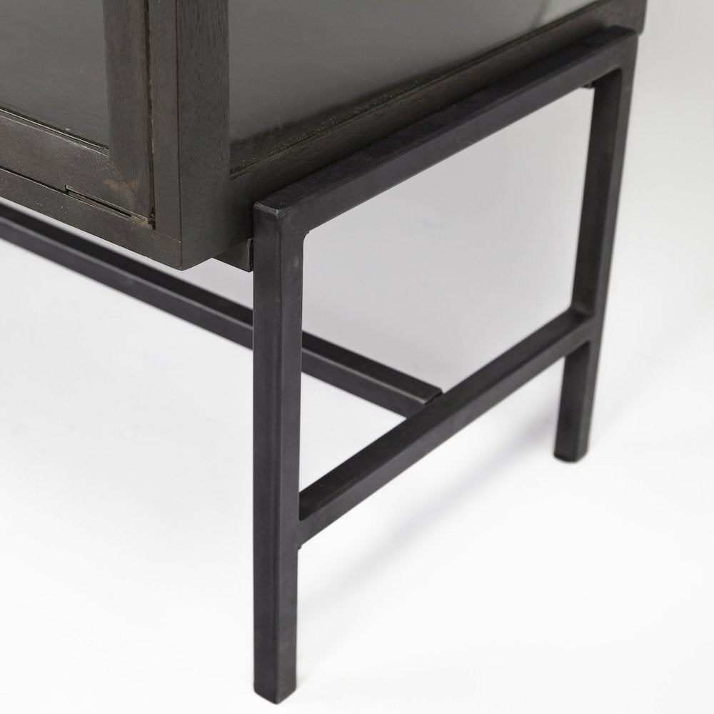 Arelius 70x18 Black-Brown Wood, Black Metal Base 4 Glass Cabinet Doors Sideboard