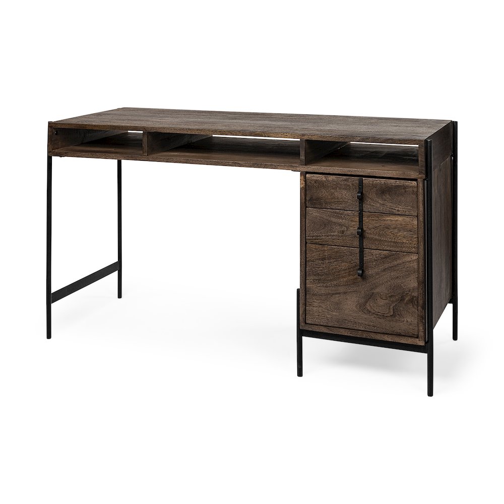 Glenn V56L x 22W Dark Brown Wood Black Iron Frame, 3 Drawer Office Desk