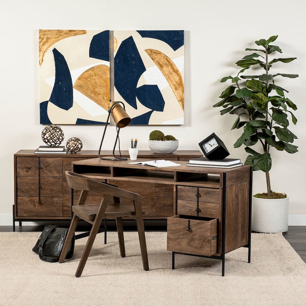 Glenn V56L x 22W Dark Brown Wood Black Iron Frame, 3 Drawer Office Desk