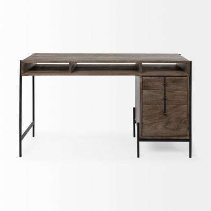 Glenn V56L x 22W Dark Brown Wood Black Iron Frame, 3 Drawer Office Desk