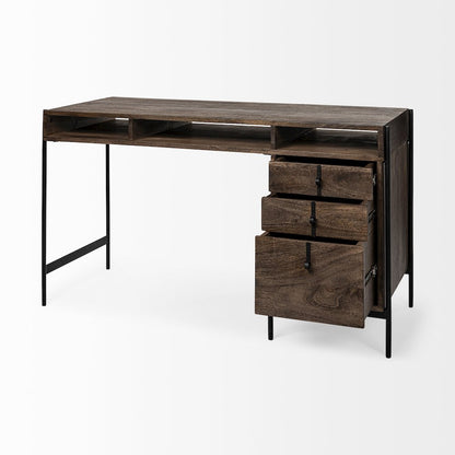 Glenn V56L x 22W Dark Brown Wood Black Iron Frame, 3 Drawer Office Desk