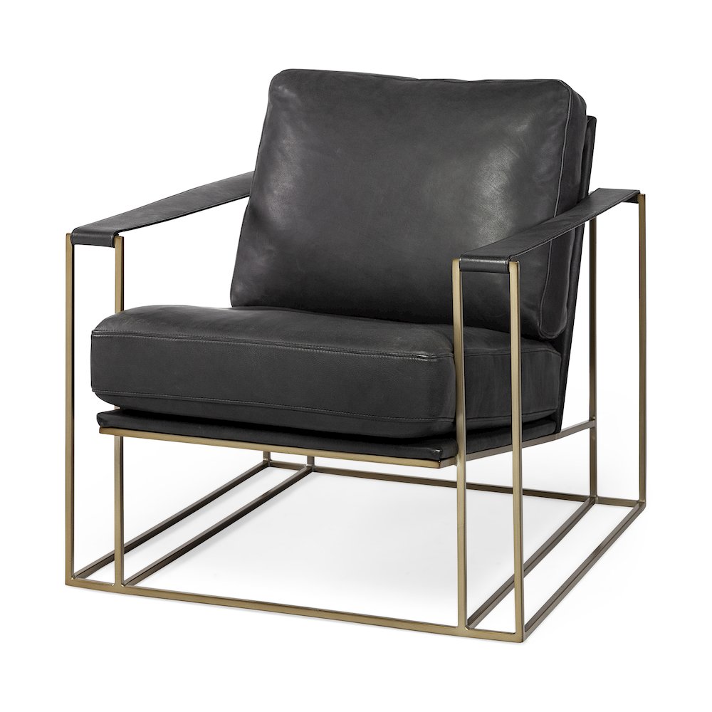 Black Leather Wrap Gold Metal Frame Accent Chair