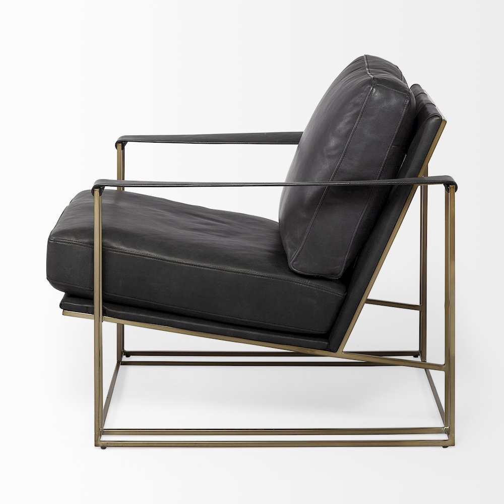 Black Leather Wrap Gold Metal Frame Accent Chair