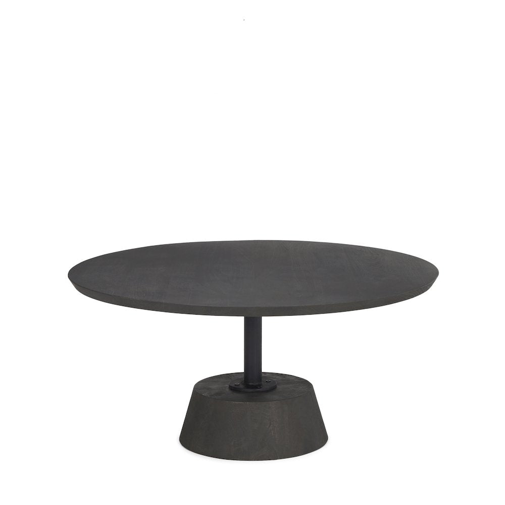 Dark Brown Wood Black Metal Pedestal Base Round Coffee Table