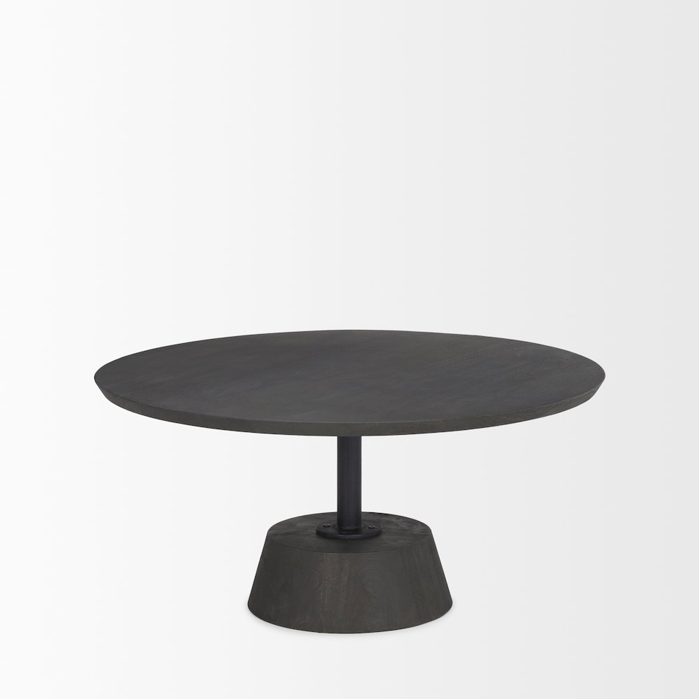 Dark Brown Wood Black Metal Pedestal Base Round Coffee Table