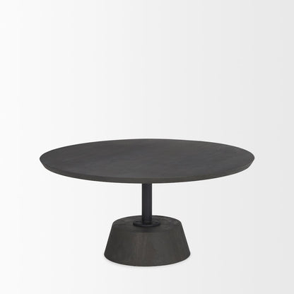 Dark Brown Wood Black Metal Pedestal Base Round Coffee Table