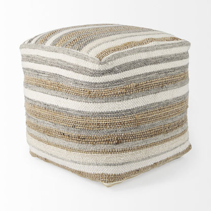 Aahana 16.0L x 16.0W x 16.0H White/Taupe/Gray Striped Hemp and Cotton Pouf